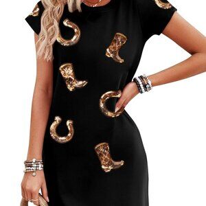 Western T-Shirt Dress Women Sequin Cowgirl Graphic Casual Summer Short Sleeve